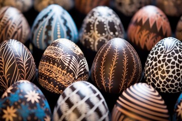 Fototapeta na wymiar close-up of distinct patterns on dark chocolate easter eggs