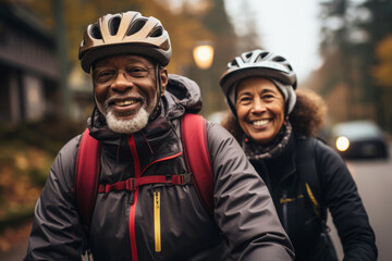 Happy adult laughing african american couple with big smiles riding bikes down the street