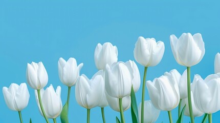 Bouquet of white tulips on pastel blue background.
