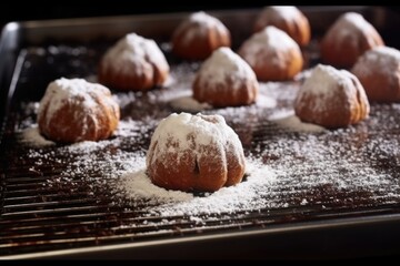 chocolate pastries dusted with sugar powder on baking tray