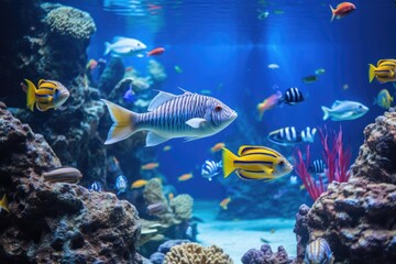 Naklejka na ściany i meble fish swimming in coordinated patterns in an aquarium