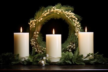three white candles burning in a christmas wreath