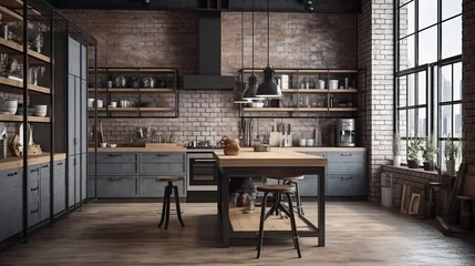 Poster Kitchen in loft style. Wall mockup in loft, kitchen in industrial style ,3d render. Real estate concept. © IC Production