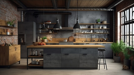 Kitchen in loft style. Wall mockup in loft, kitchen in industrial style ,3d render. Real estate concept.