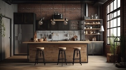 Kitchen in loft style. Wall mockup in loft, kitchen in industrial style ,3d render. Real estate concept. - obrazy, fototapety, plakaty