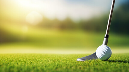 Close up golf club and ball on green grass lawn