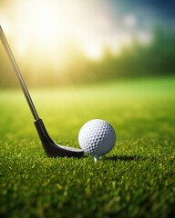 Close up golf club and ball on green grass lawn - obrazy, fototapety, plakaty