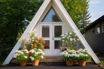 Fototapeta na wymiar white wood-cladded a-frame, flowers growing by entrance
