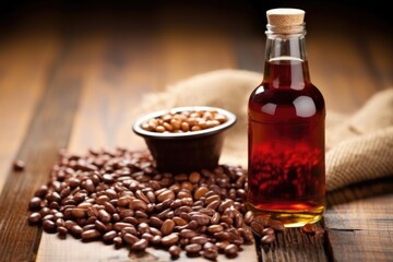 close-up of syrup bottle with coffee beans in background