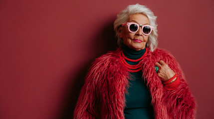 Cool senior woman in fashionable wear looking at camera while standing on red background