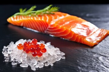 cold smoked salmon paired with red caviar on slate