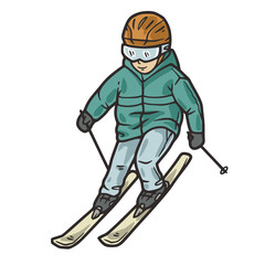 Skier child vector on top of a snowy mountain. Downhill skiing in winter mountains. Sporty skiing on a steep ski slope. Winter sport for ski resort