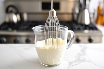 a mixer whisk with batter remnants on it placed on a countertop