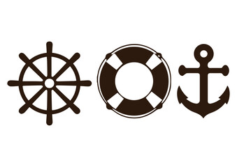sailor symbols, nautical symbols anchor, sea anchor, life preserver, rudder sailor hat drawing designs - obrazy, fototapety, plakaty