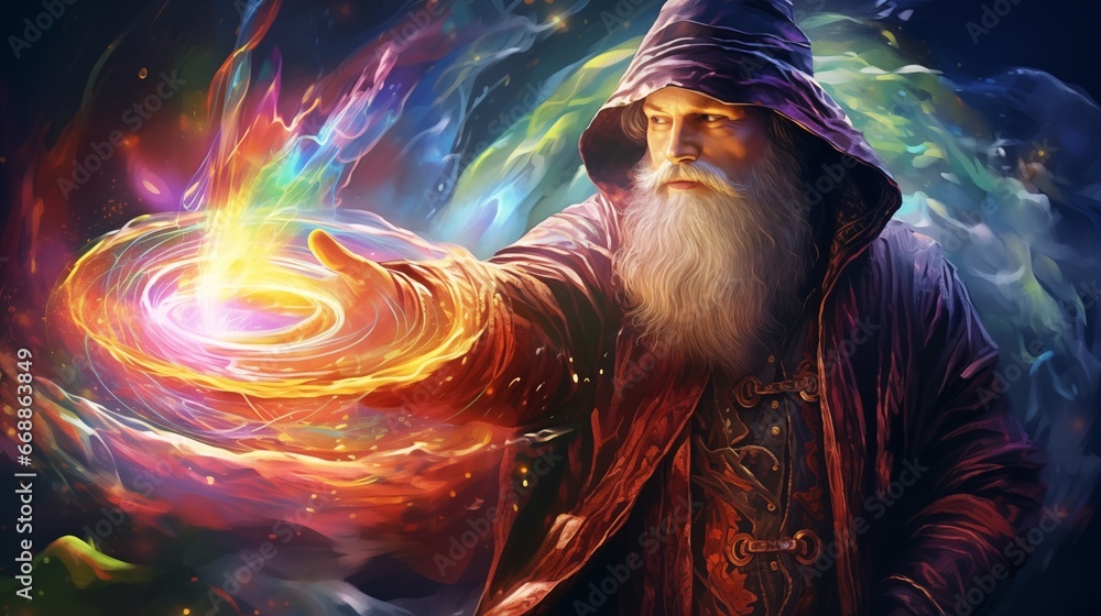 Wall mural wizard casting a spell. fantasy concept , illustration painting.