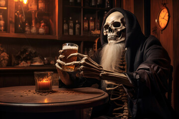 Skeleton drinks beer while sitting at table in bar. 