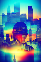 double exposure a city skyline superimposed over a blue beauty queen silhouette  generative ai