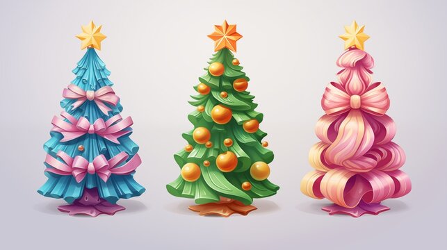 three christmas trees with bows. Fantasy concept , Illustration painting.