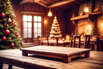 empty wooden table with christmas theme in background mysterious generative ai