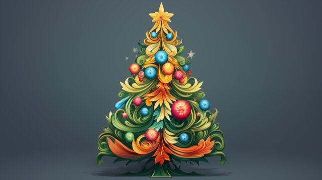 the colorful christmas tree with decorations on a grey background. Fantasy concept , Illustration painting.