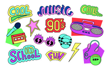 90s and 00s Retro Music Nostalgia set. Vintage boombox, audio CD player, cassette. Hand drawn stickers. Memphis style