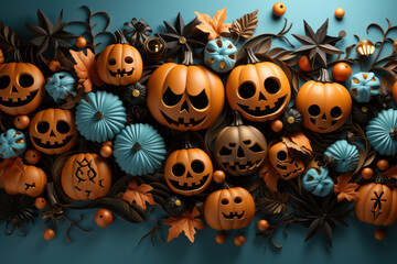 Fototapeta premium Halloween frame with party decorations of pumpkins, bats, ghosts, spiders on blue background from above. Generative Ai.