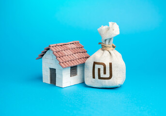 House and israeli shekel money bag. Real estate investment. Property value appraisal. Make a deal....