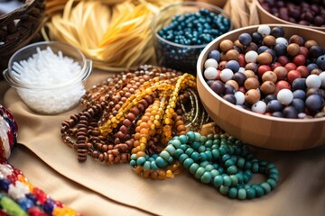 wooden beads and leather strips for jewelry making