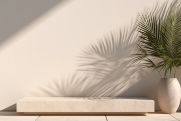 cubic pedestal on the floor with a light beige back wall in plaster with shadows from palm leaves and plants. minimalistic design to showcase fashion product