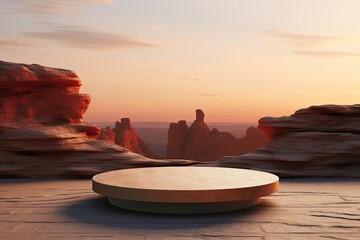 round stone marble pedestal at the top of the canyon in sunset warm orange colors. minimalist design for displaying fashion products