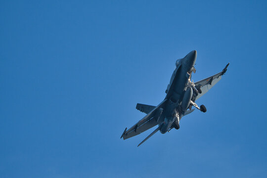 F18 Super Hornet, Military Jet fighter aircraft fly in the sky.
Las Palmas, Canary Island, Spain, October /16/2023. Military jet fighter flies around the canary island for training purposes.