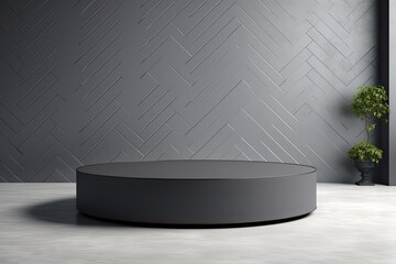 round pedestal on table with dark gray back wall in herringbone tiles. minimalistic design to showcase fashion product - obrazy, fototapety, plakaty