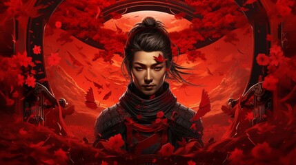 red anime girl samurai in a red dress with red leaves in the background. Fantasy concept , Illustration painting.