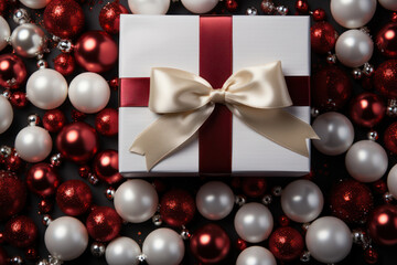 Fototapeta na wymiar Gifts background. White gift box with scarlet ribbon, New Year balls and sparkling lights. Generative Ai.