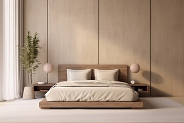 Modern japandy bedroom interior. Wooden double bed with beige pillows. Wooden panels empty wall with copy space for mockups.