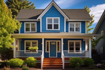 a two-story dutch colonial house, blue flared eave standing distinct