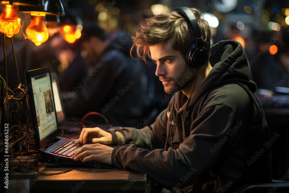 Poster entrepreneurs working at computers with telephone. generative ai.