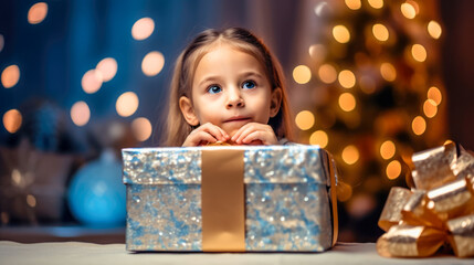 Fototapeta na wymiar Child's joyful expression as she receives a surprise gift at christmas.