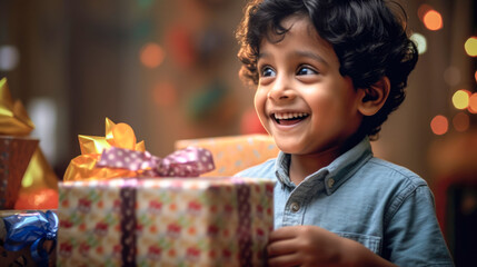 Fototapeta na wymiar Child's joyful expression as he receives a surprise gift at christmas.