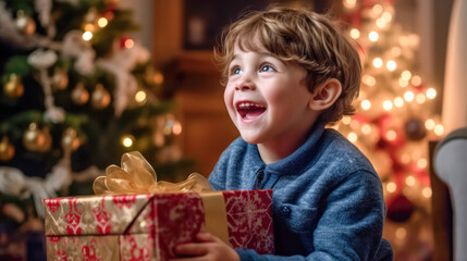 Child's joyful expression as he receives a surprise gift at christmas.