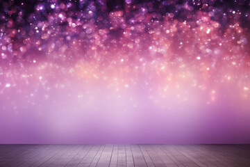 Empty wooden floor with defocused purple and pink bokeh lights background. Template for product...
