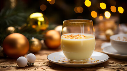 Eggnog glass in christmas table top, traditional drink on a decorated warm cozy room with bokeh festive light on background, Close up portrait