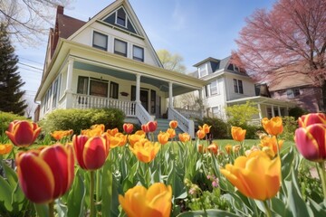 dutch colonial house with blooming tulips in the front yard