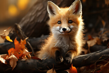 Obraz premium Cute red fox standing on hind legs in a forest. Generative Ai.