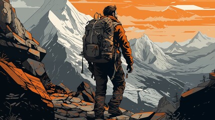 Hiker with a backpack on a mountain trail. Fantasy concept , Illustration painting. - obrazy, fototapety, plakaty