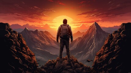 Hiker with a backpack on a mountain trail under sunset. Fantasy concept , Illustration painting.