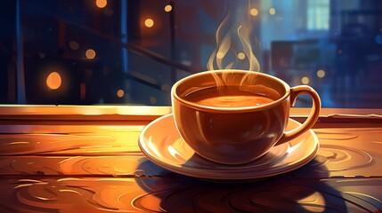 Freshly brewed coffee in a ceramic mug. Fantasy concept , Illustration painting. - obrazy, fototapety, plakaty