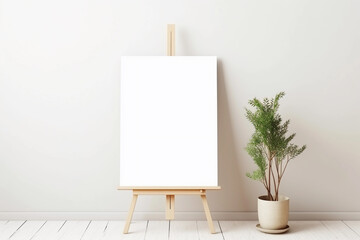 An easel with a blank white canvas stands in an empty minimalist room. Boho interior. Background for mockups. - obrazy, fototapety, plakaty