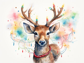 Watercolor illustration of  cute colored reindeer with lamps garland on white