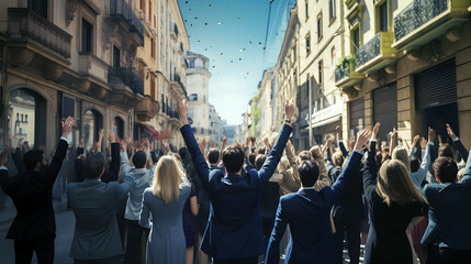 Large group of business people celebrating good news with their fists up in the air in the street back view